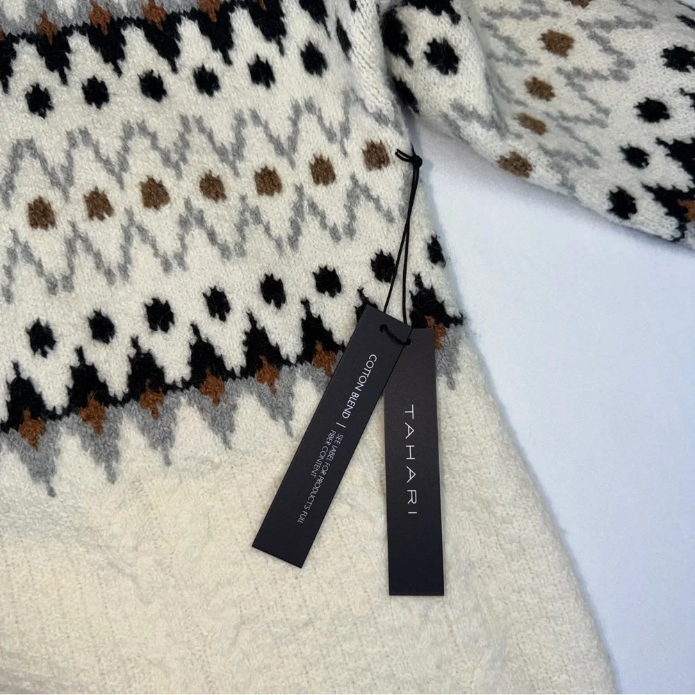 Tahari Fair Isle Turtleneck Sweater Ivory Knit XS Cozy Winter Oversized - Picture 9 of 9